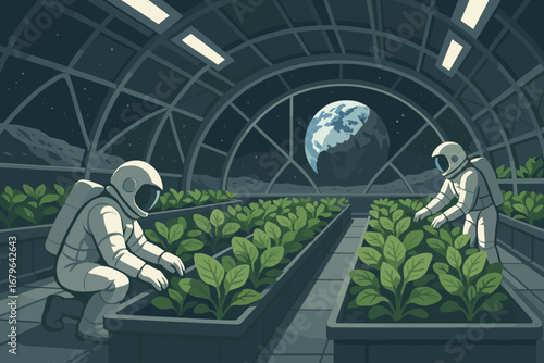 Astronauts cultivating plants in a lunar greenhouse with Earth visible through dome window