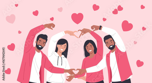 Joyful Group Expressing Affection with Heart Gestures, Perfect for Romantic Concepts