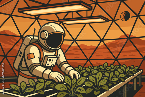 Astronaut growing vegetables in Mars greenhouse habitat with panoramic view of red planet landscape, futuristic space agriculture concept