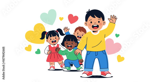 Joyful Group Of Diverse Children Welcoming With Bright Hearts And Energetic Expressions