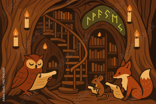 Whimsical forest library scene with owl, mouse, and fox reading scrolls under candlelight, surrounded by magical runes and wooden bookshelves