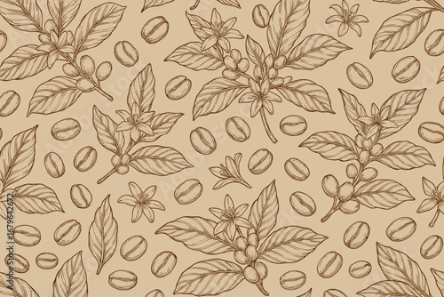 Seamless vintage pattern with hand-drawn coffee beans, branches, flowers, and leaves on kraft paper background