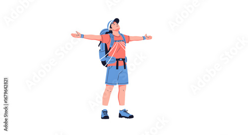 Joyful Hiker Embracing Nature With Arms Open Wide Against a Clean White Background