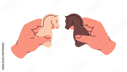 Two hands holding opposing knights symbolizing rivalry, confrontation and strategic tension in the chessboard duel