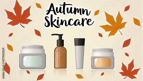 Autumn skincare display with products and decorative leaves in a stylish graphic design

