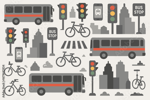 Graphic representation of urban transportation elements including buses, traffic lights, and bicycles in a city setting