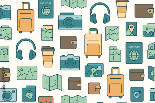 Travel-themed icons featuring luggage, cameras, maps, and travel essentials on a light background
