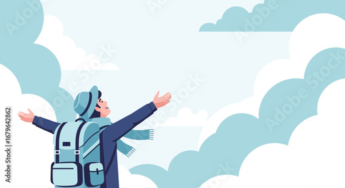 Joyful Hiker Reaching Toward The Sky, Embracing Nature And Freedom In A Flat Vector Design