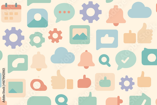 Colorful pattern of various digital icons representing communication, organization, and technology in a creative layout