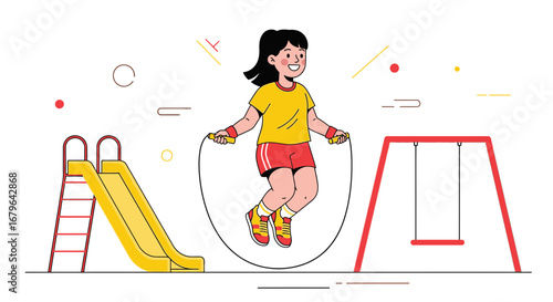 Joyful Child Bounces While Jumping Rope in a Playful and Active Outdoor Scene