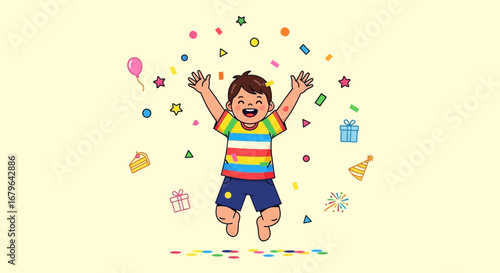 Joyful Child Bouncing in Celebration Amidst Rising Colorful Confetti And Festive Elements.
