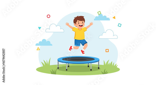 Joyful Child Bouncing on a Trampoline in a Playful and Vibrant Outdoor Setting