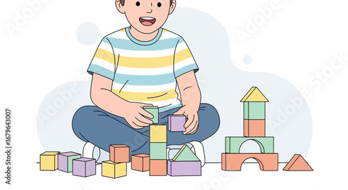 Joyful Child Building Structures With Colorful Wooden Blocks In Playful Illustration