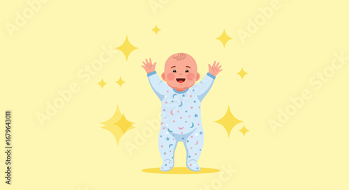 Joyful Infant Celebrates with Sparkling Stars on Soft Yellow Background