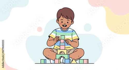 Joyful Child Building With Colorful Blocks, Creating a Structure, Happy Childhood Fun