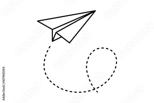 Paper airplane in flight with upward loop and curve. Black line art of free travel and air motion