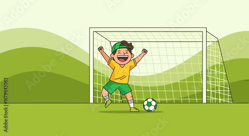 Joyful Child Celebrates Goal Scored During Daytime Soccer Match on Green Field of Play