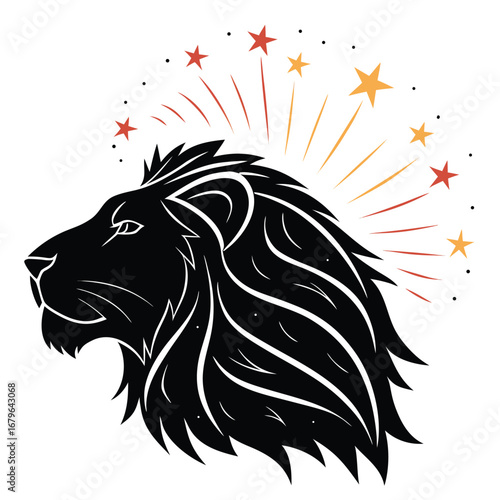 Lion head glowing with aurora sparks silhouette