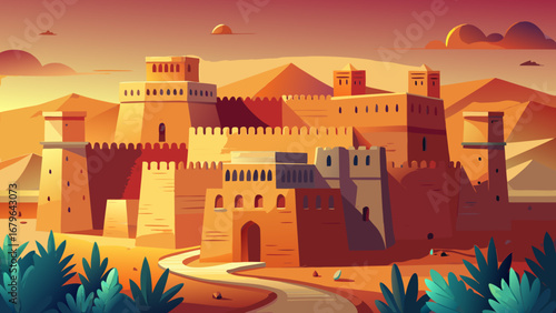 Al Zubarah Fort, Qatar, presents ochre towers, crenellated ramparts, and desert courtyards. Soft light falls on geometric walls; semi-realistic flat vector highlighting linear rhythm, symmetry, and wa