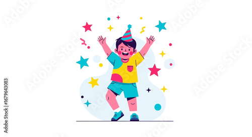 Joyful Child Celebrates With Stars And Party Hat In Colorful Cartoon Illustration