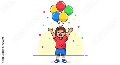 Joyful Child Celebrating With Colorful Balloons And Confetti In An Upbeat Cartoon