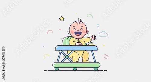 Joyful Infant Exploring the World in a Cheerful Baby Walker Illustration