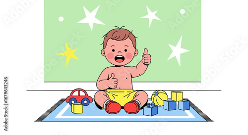 Joyful Infant Giving Thumbs Up And Playing With Colorful Toys Is Wonderful