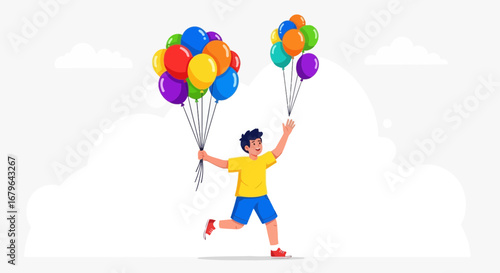 Joyful Child Celebrating With Flying Balloons, Happiness, Brightness, Freedom, and Celebration