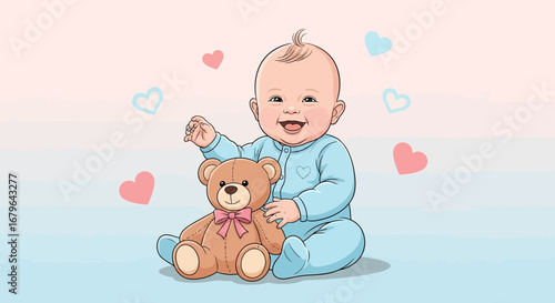 Joyful Infant Holding Brown Teddy Bear with Hearts Symbolizing Affection and Happiness
