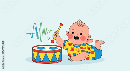 Joyful Infant Playing Drums and Making Sound Waves Using Musical Equipment Illustration