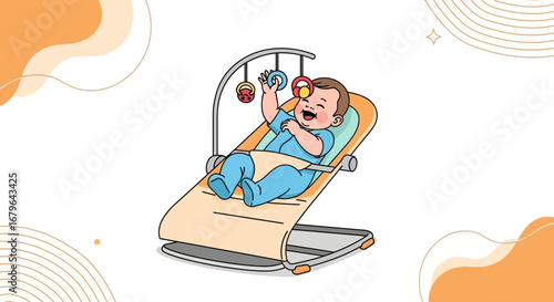 Joyful Infant Playing In A Bouncer With Colorful Hanging Toys For Early Development