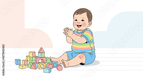 Joyful Infant Playing With Colorful Blocks And Displaying Uncontainable Delight