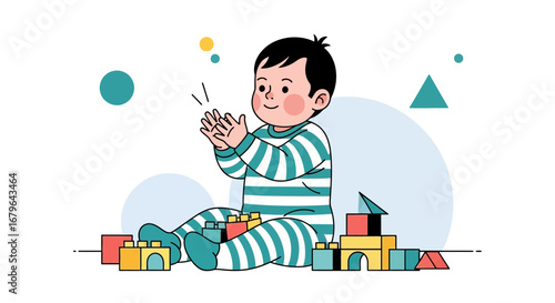 Joyful Infant Playing With Blocks, Celebrating Progress and Demonstrating Cheerfulness