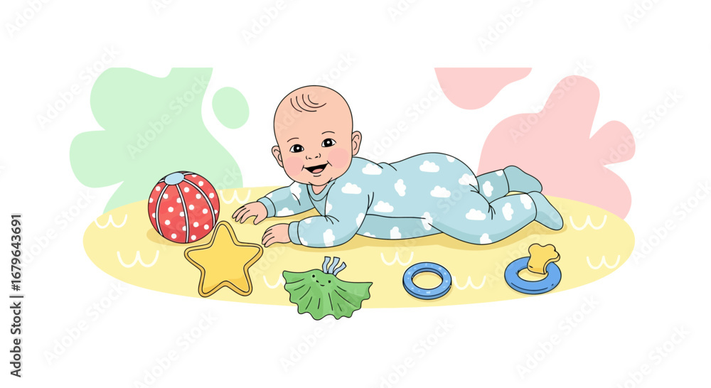 Fototapeta premium Joyful Infant Relaxes With Toys And Smiles Happily In A Colorful Illustrated Composition