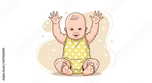 Joyful Infant Raising Arms Smiling in Whimsical, Cheerful, And Polka Dot Fashioned Illustration