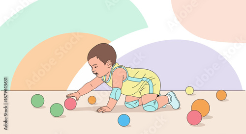 Joyful Infant Reaches For a Colorful Ball in a Playful And Vibrant Illustration