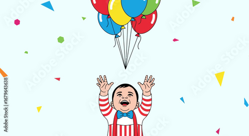 Joyful Infant Reaching Upwards Towards Colorful Balloons and Festive Confetti.