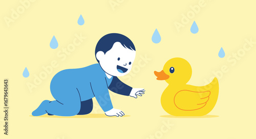Joyful Infant Reaches For A Yellow Duck Toy Under Playful, Light Raindrops