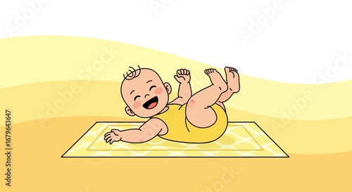 Joyful Infant Relaxes And Plays On Yellow Mat In Cheerful Cartoon Illustration