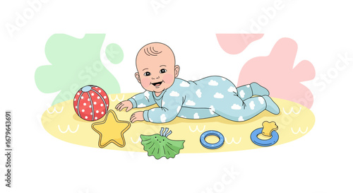 Joyful Infant Relaxes With Toys And Smiles Happily In A Colorful Illustrated Composition