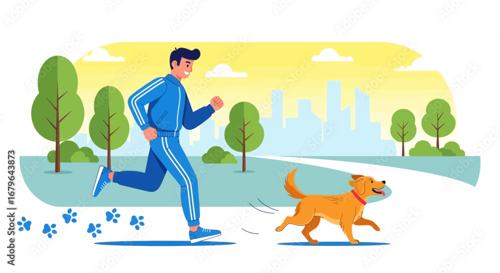 Naklejka premium Joyful Jogging: A Man And His Golden Retriever Enjoying A Sunny Morning