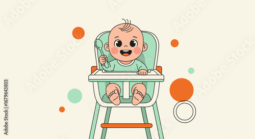 Joyful Infant With Spoon, Sitting And Smiling While Waiting For His Meal