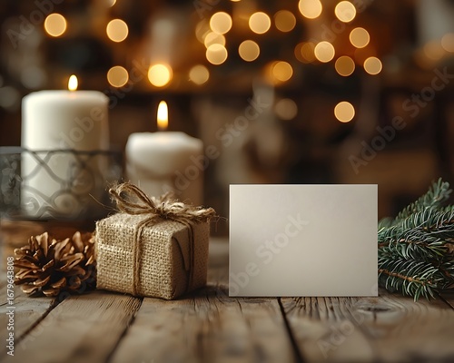 Blank white card on a rustic wooden table surrounded by festive Christmas deco ns like candles a gift and evergreen with warm bokeh lights
