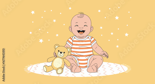 Joyful Infant With Teddy Bear And Adorable Smile On Yellow Background Illustration