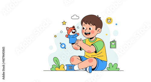 Joyful Child Enjoying A Puppet Show, Creating A Playful Atmosphere With A Funny Friend