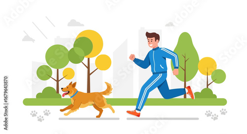 Joyful Jogging Session: Man And Friendly Dog Enjoying Outdoor Running In Vibrant Park