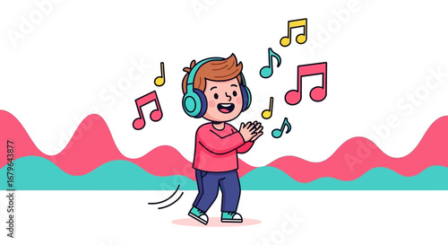 Joyful Child Enjoying Music, Wearing Headphones and Surrounded by Musical Notes Illustration