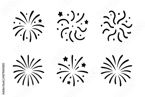 Set of six fireworks and celebratory bursts on a white background