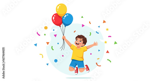 Joyful Kid Celebrating With Balloons and Confetti, a Scene of Pure Delight