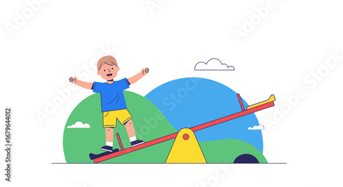 Joyful Child Experiencing Playtime on a Seesaw, Embracing Carefree Moment in the Sunlight